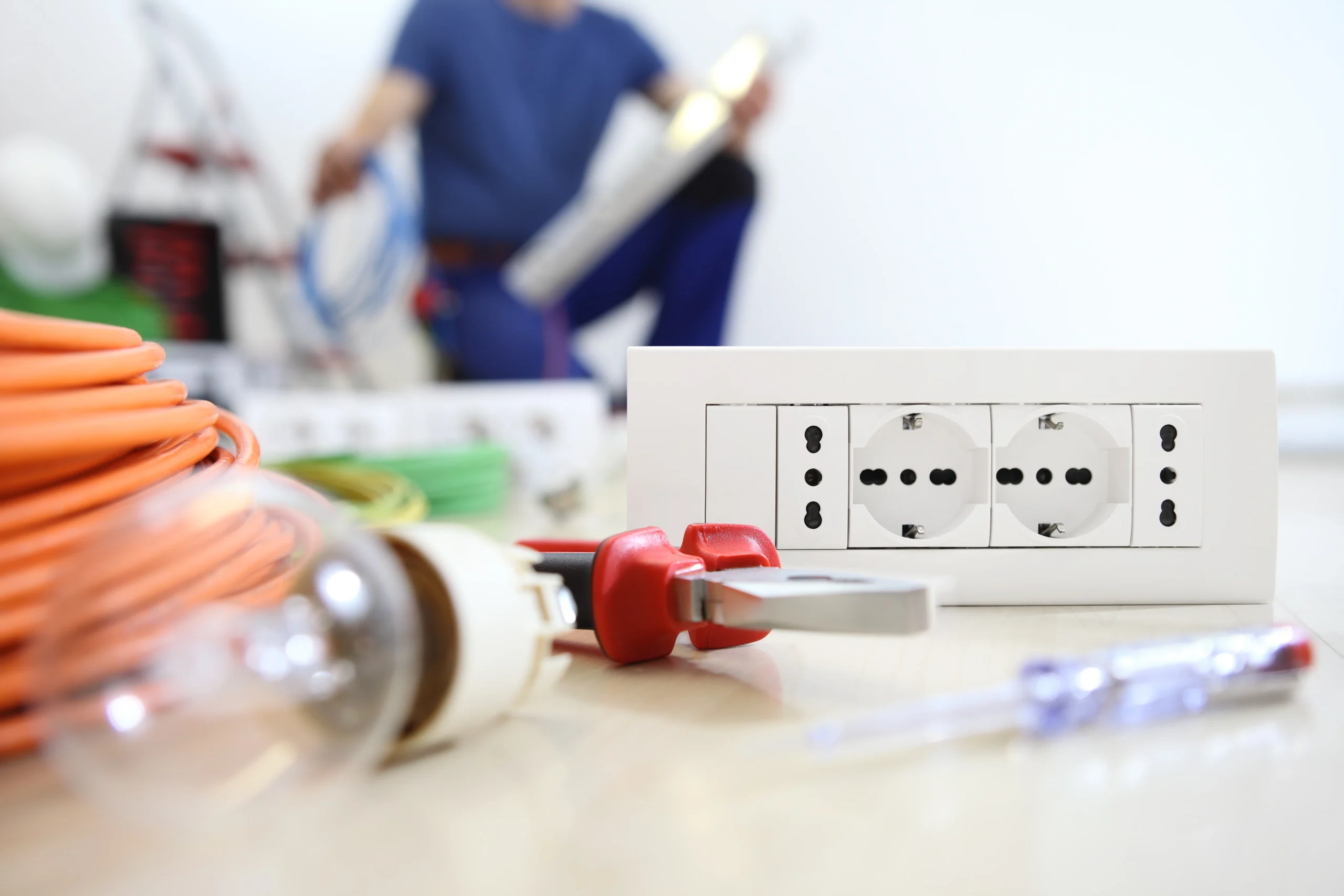 electrician work with electric equipment in the foreground, bulb, tools and socket, electric circuits, electrical wiring.